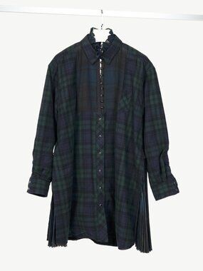 Sacai Green & Navy Plaid Cotton-Flannel Side-Pleat Dress